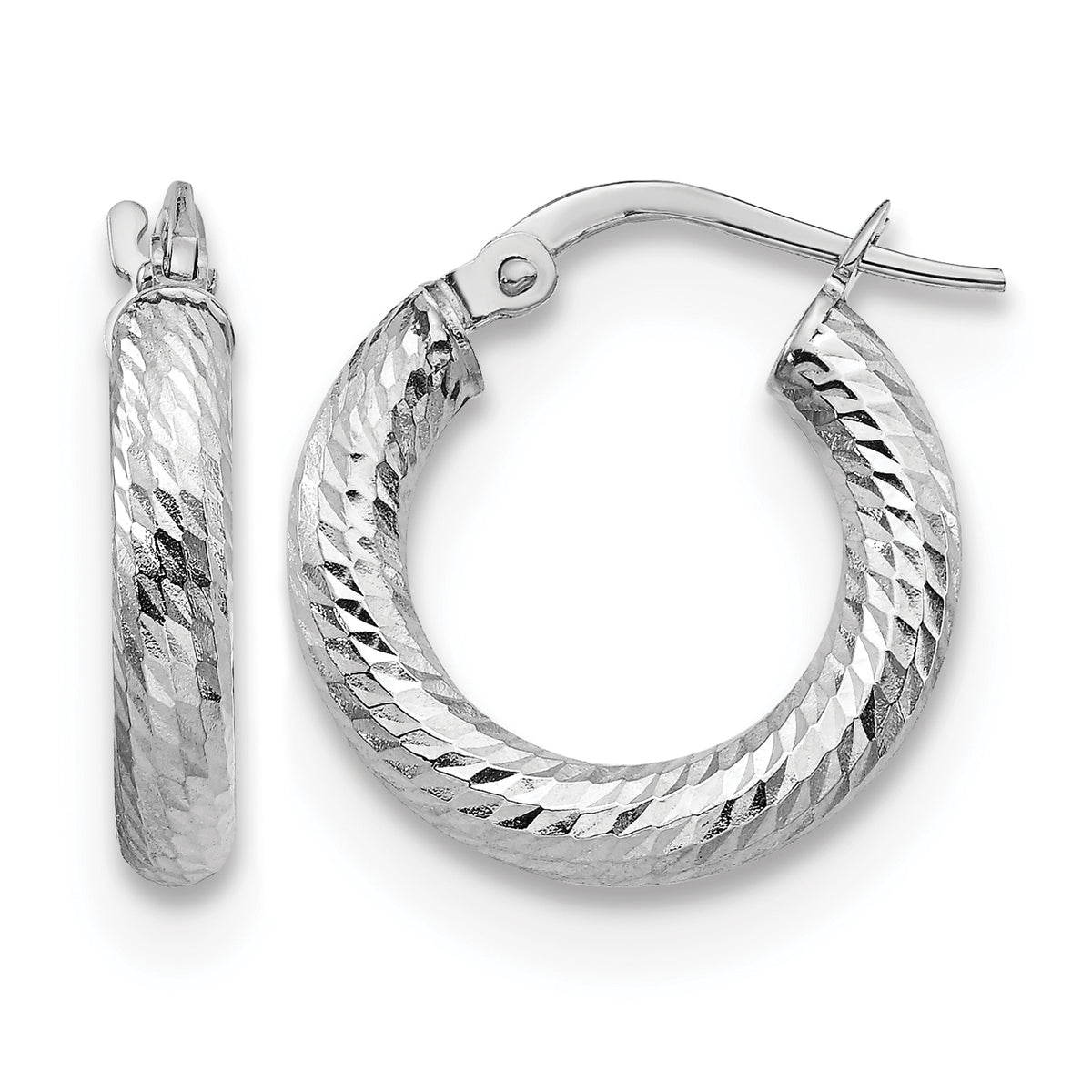 14K 3x10 with White Rhodium Plating D/C Round Hoop Earrings