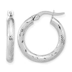 14K 3x15 with White Rhodium Plating D/C Round Hoop Earrings