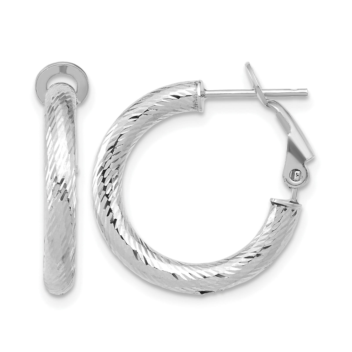 14K 3x15 w/ White Rhod Plating D/C Round Omega Back Hoop Earrings Main image