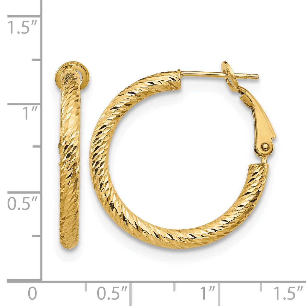 14K 3x20 D/C Round Omega Back Hoop Earrings