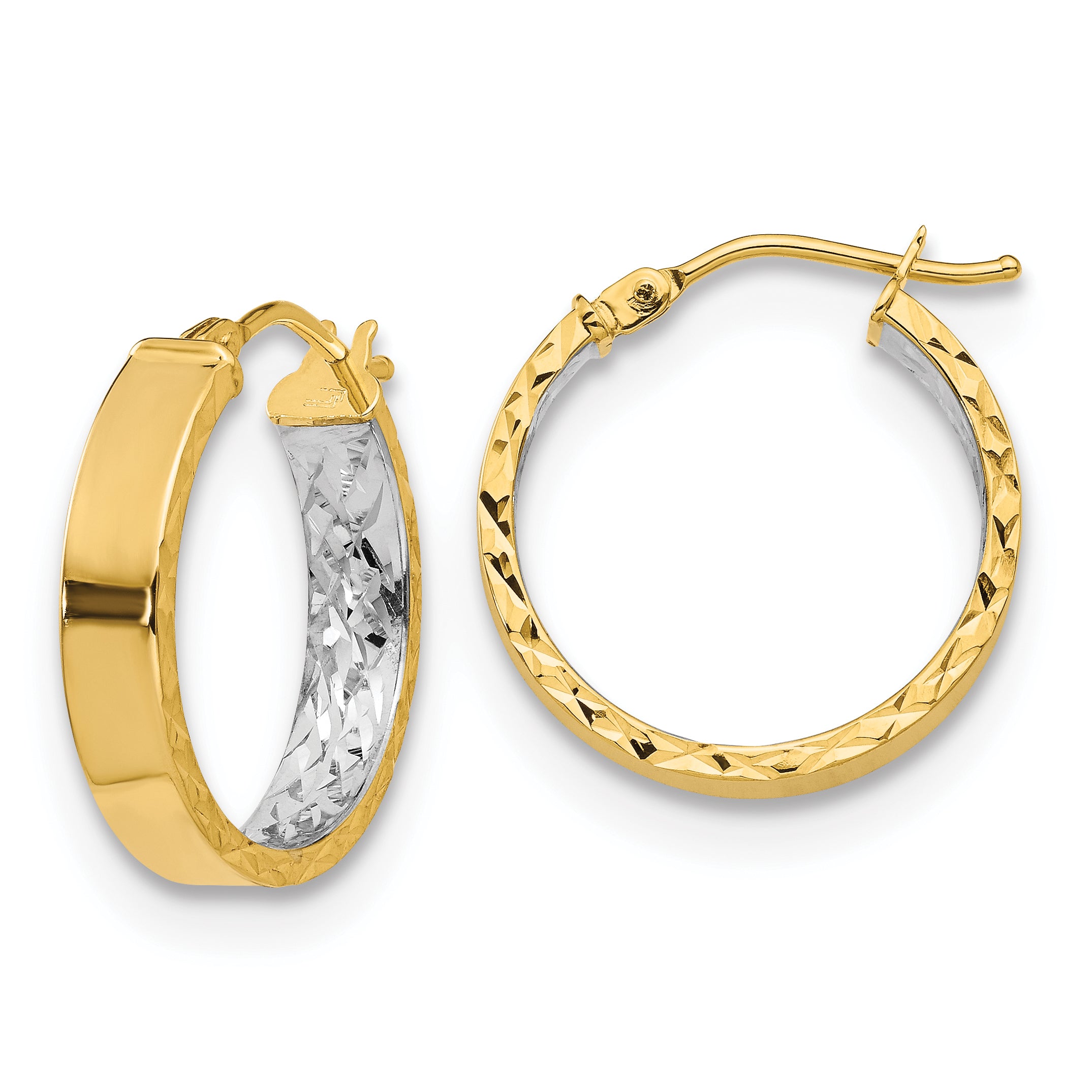 14K with White Rhodium Polished and D/C Hoop Earrings Main image