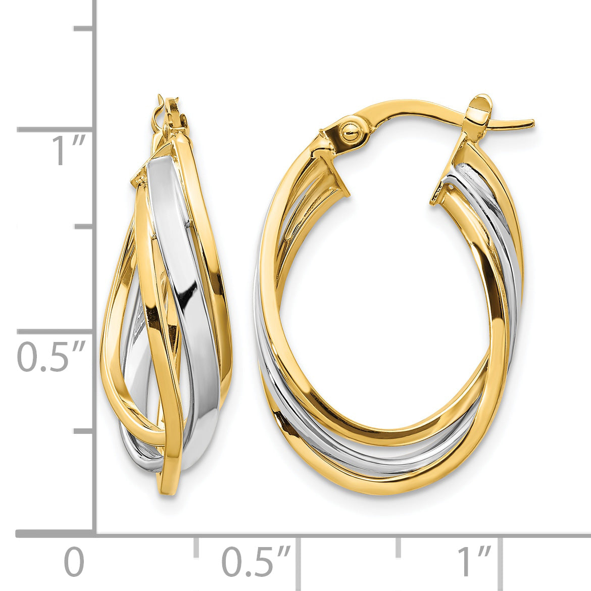 14K with Rhodium Polished Oval Hoop Earrings