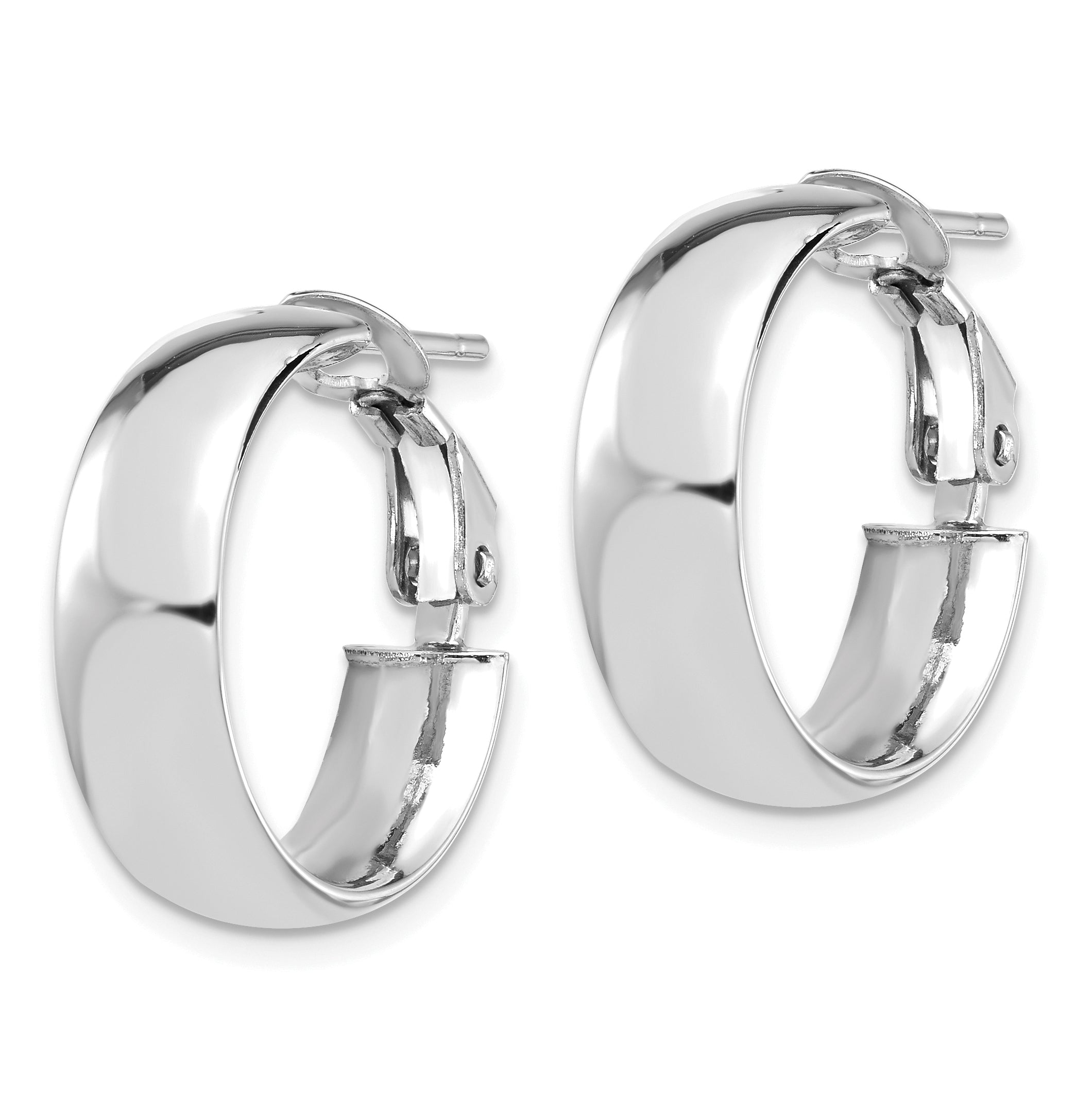 14K with White Rhodium Plating High Polished 6mm Omega Back Hoop Earrings Secondary image