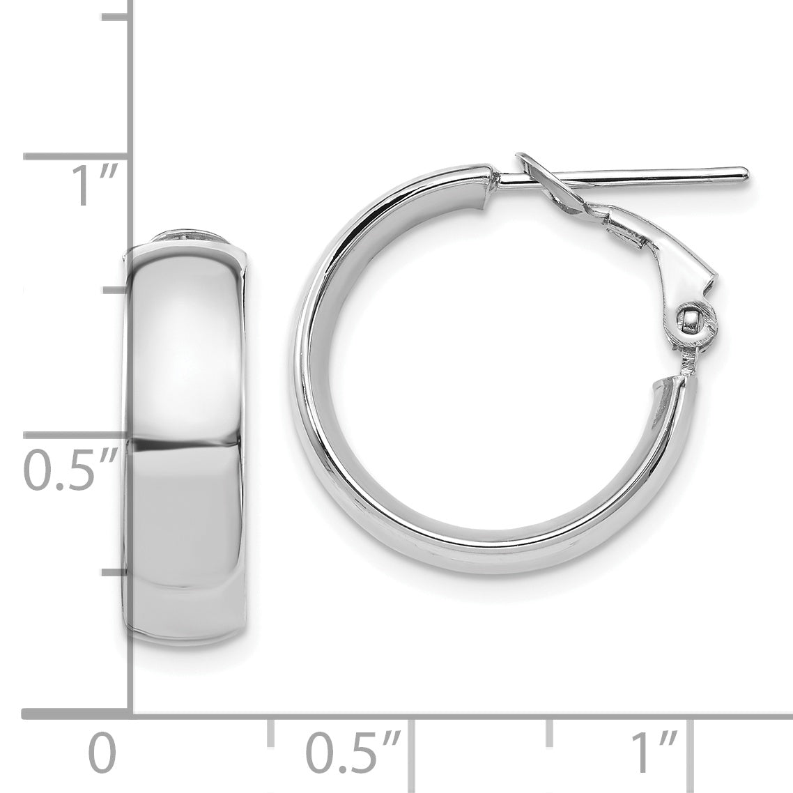 14K with White Rhodium Plating High Polished 6mm Omega Back Hoop Earrings