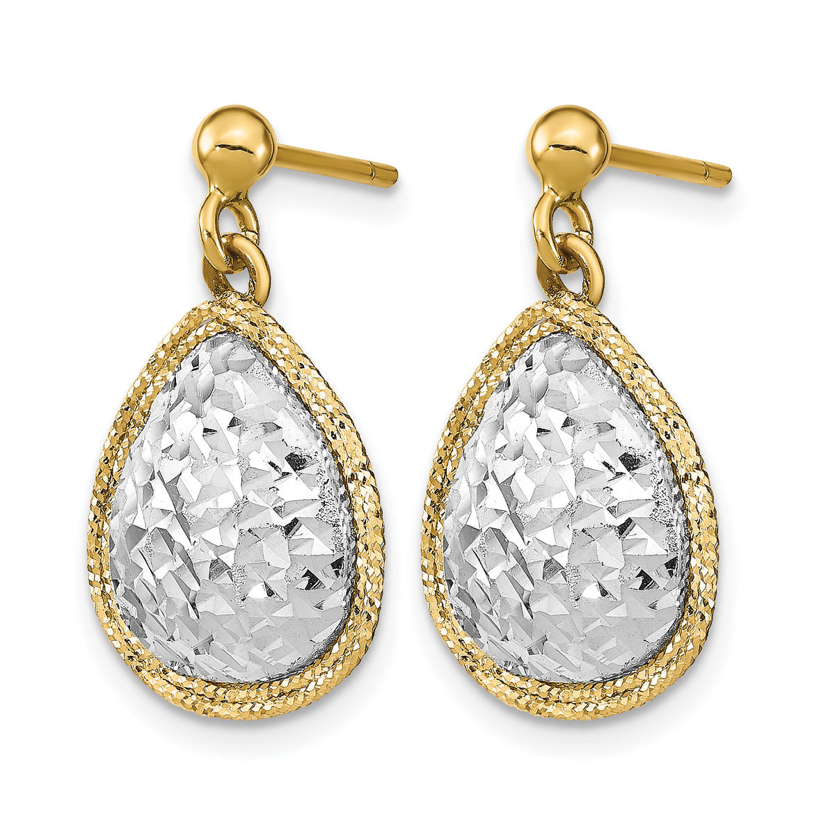 14k Two-Tone Polished D/C Teardrop Post Dangle Earrings