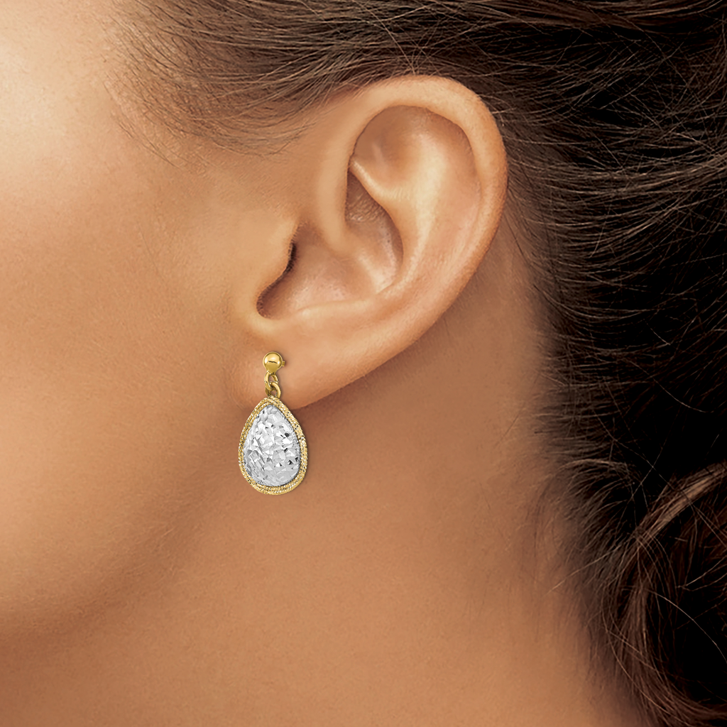 14k Two-Tone Polished D/C Teardrop Post Dangle Earrings