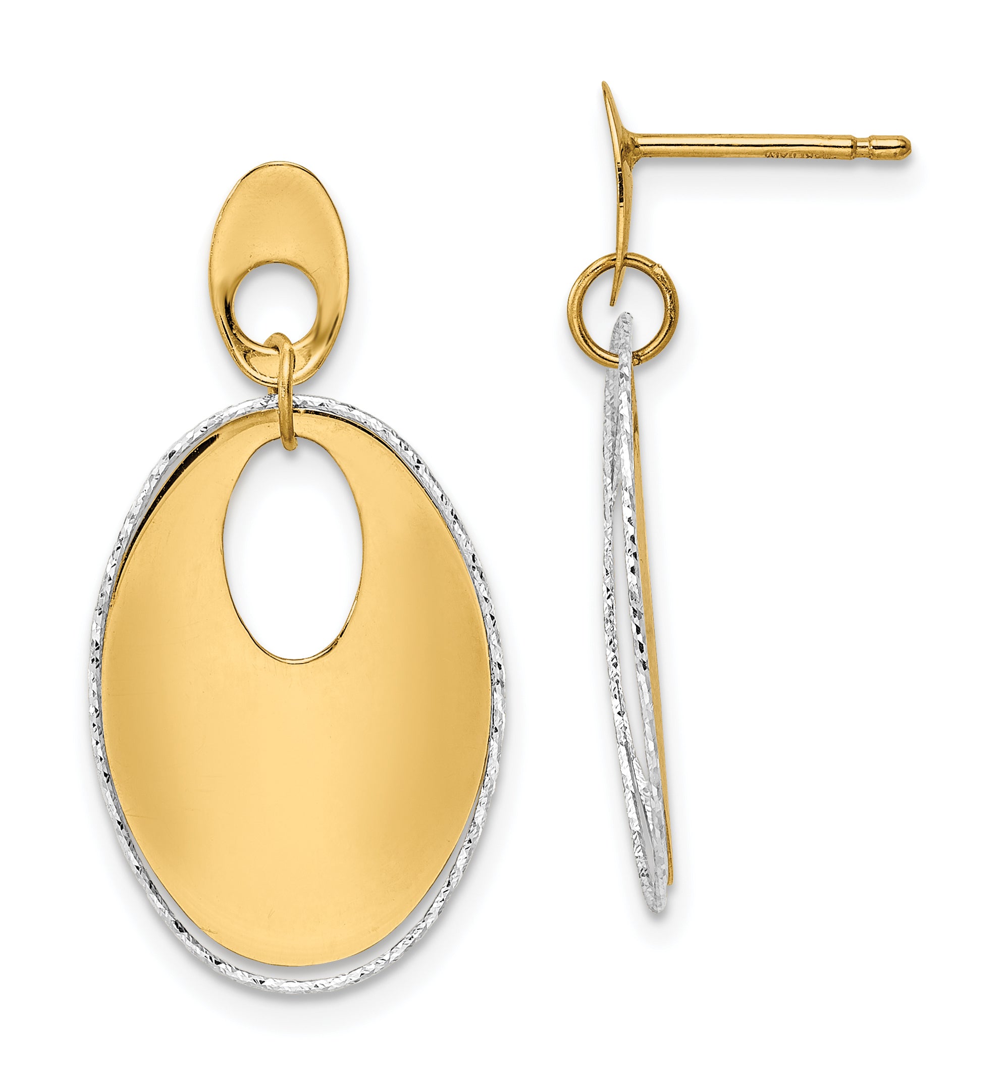 14K Two-tone Polished Textured Post Dangle Earrings