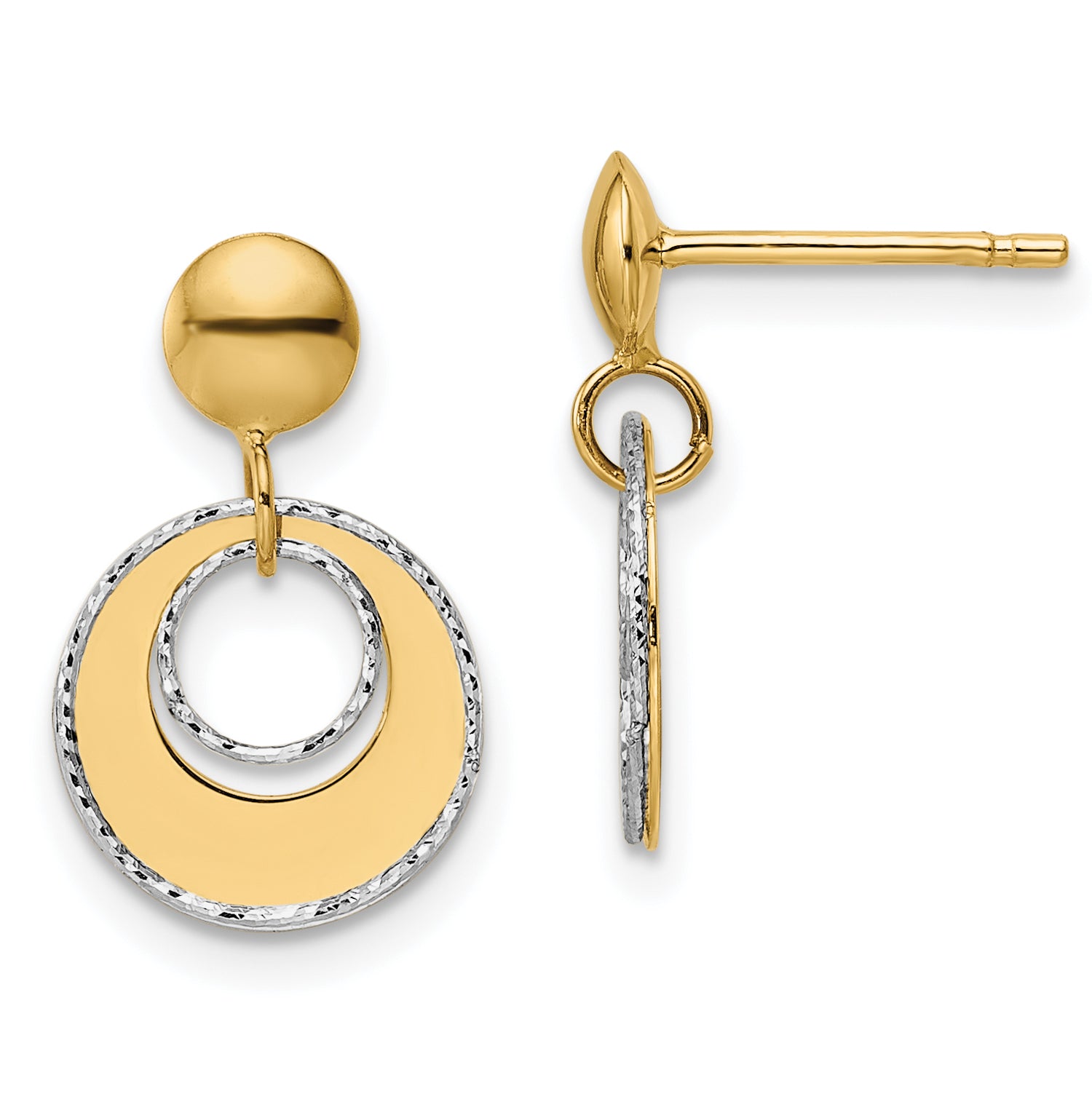 14K Two-tone Polished Textured Post Dangle Earrings