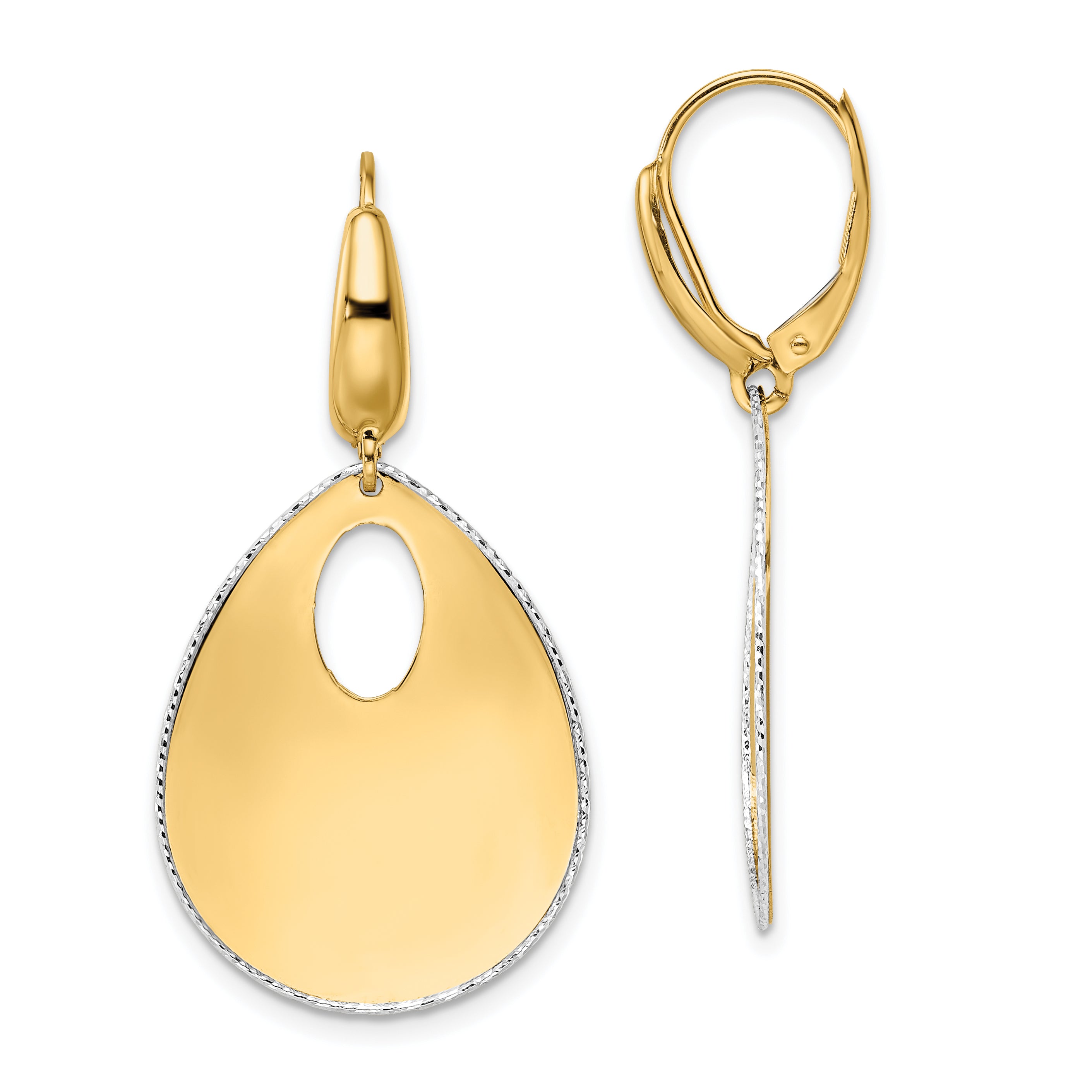14K Two-tone Polished Textured Leverback Dangle Earrings