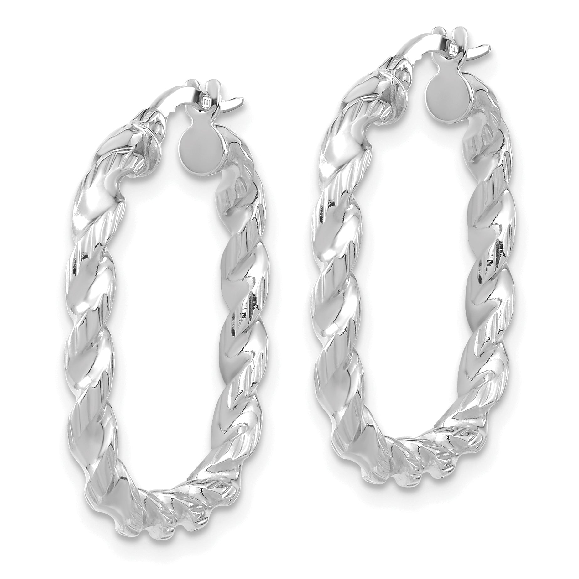 14K w/ White Rhodium Polished Square Twisted Hoop Earrings Secondary image