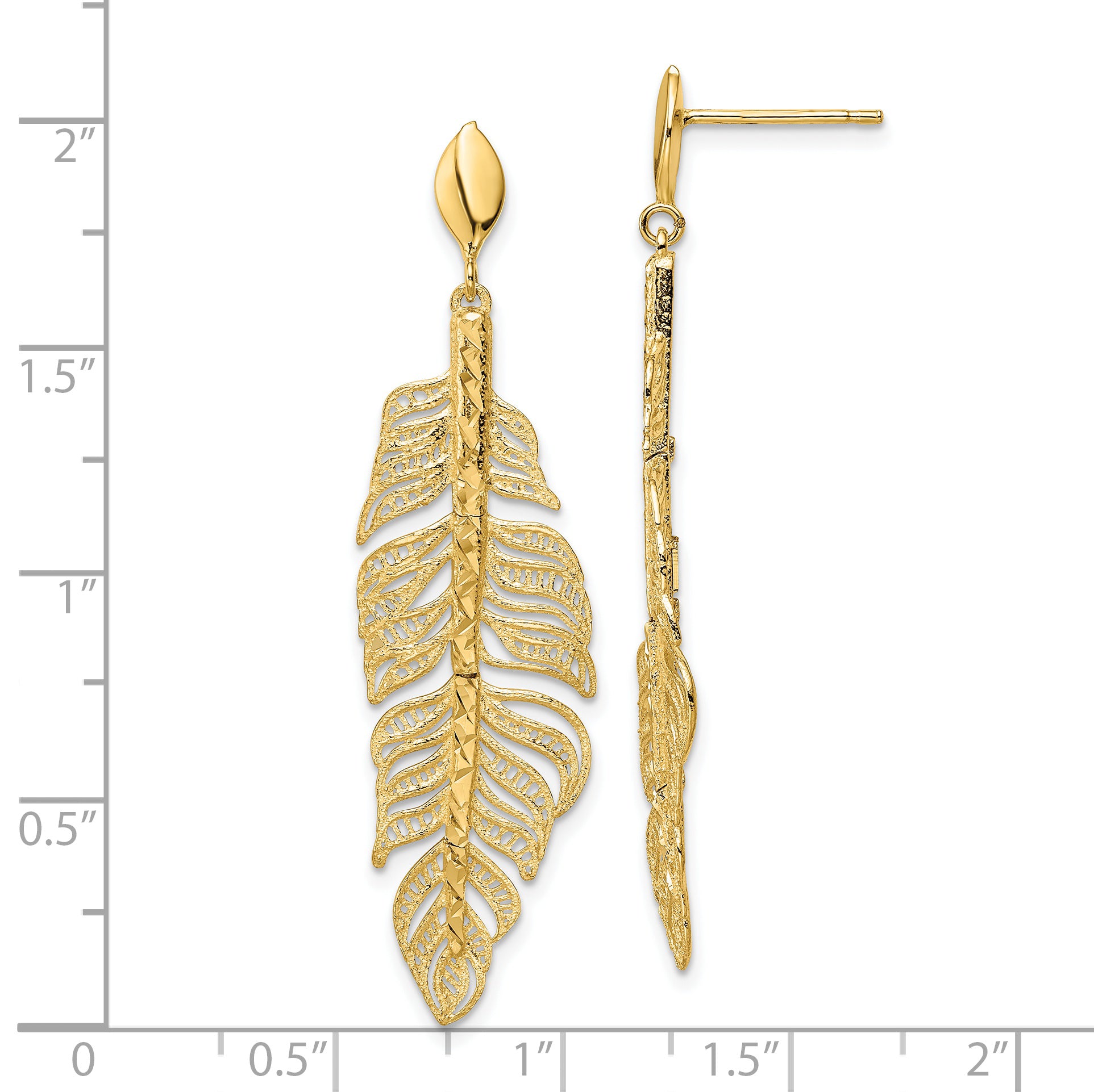 14k Polished D/C Textured Leaf Post Dangle Earrings