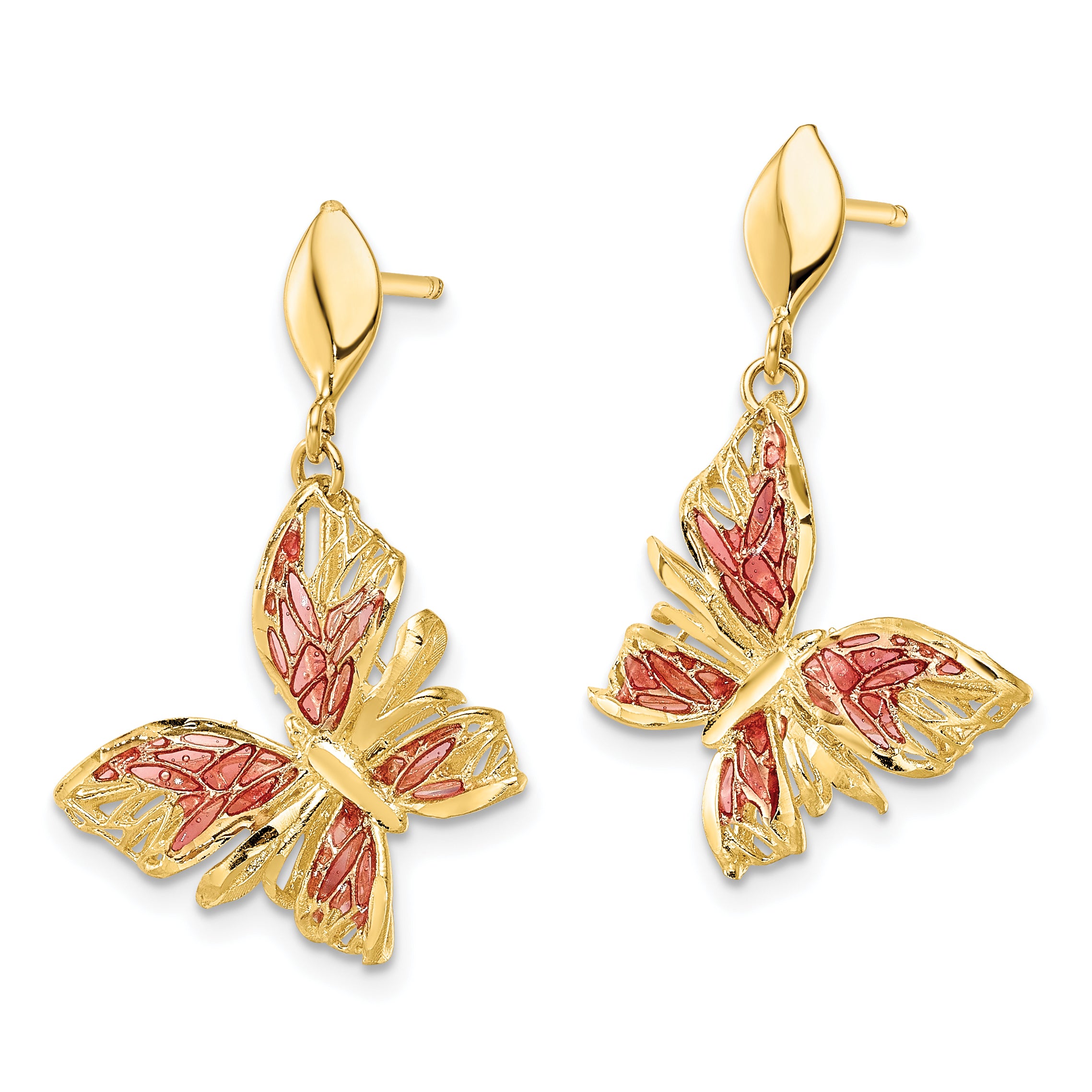 14k Polished D/C Pink Enamel Butterfly Post Dangle Earrings