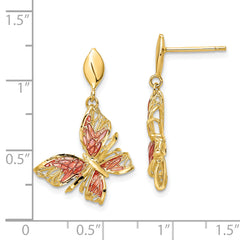 14k Polished D/C Pink Enamel Butterfly Post Dangle Earrings