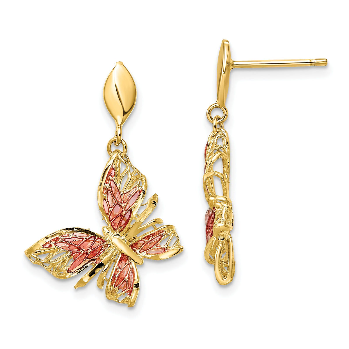 Pink Enamel Butterfly Dangle Earrings in 14K Yellow Gold, Diamond-Cut - Sophia Jewelers Main image
