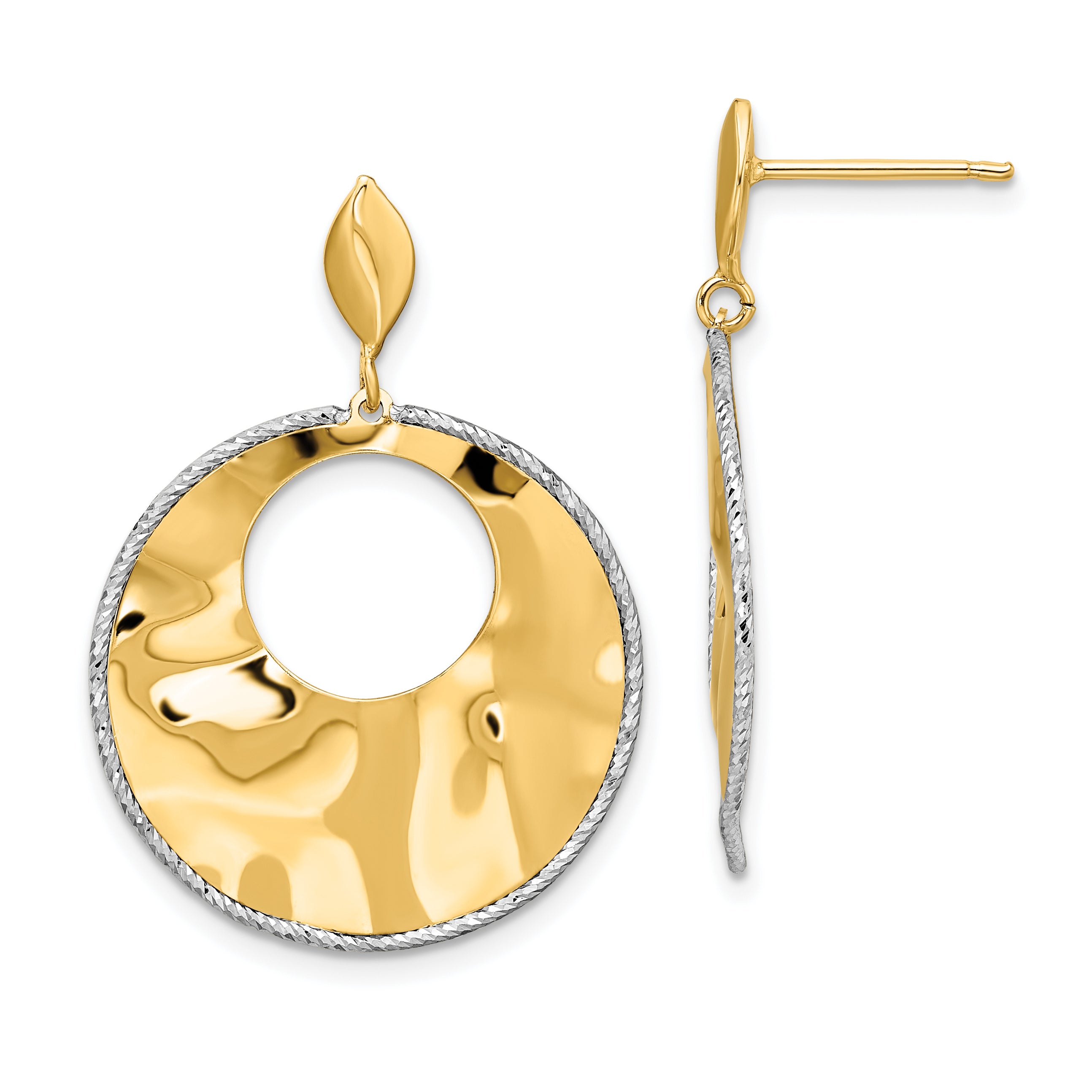 14k Two-tone Polished Textured Post Dangle Earrings