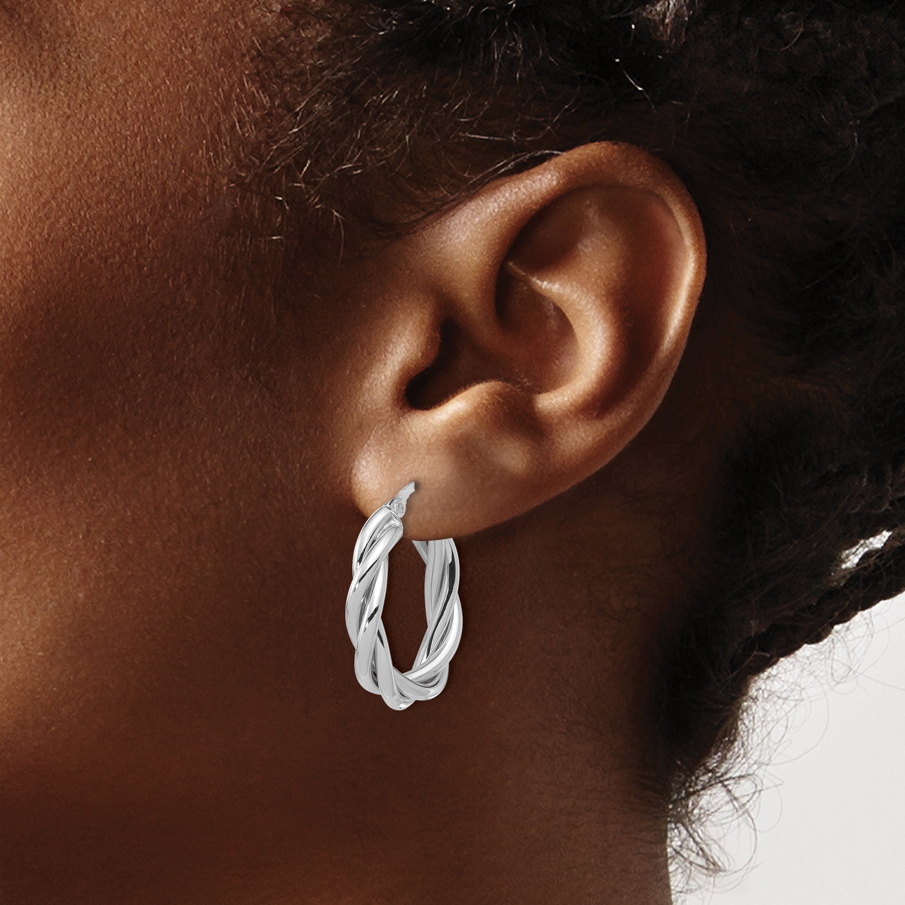 14K w/White RH-plat Polished Twisted Oval Hoop Earrings