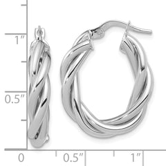 14K w/White RH-plat Polished Twisted Oval Hoop Earrings