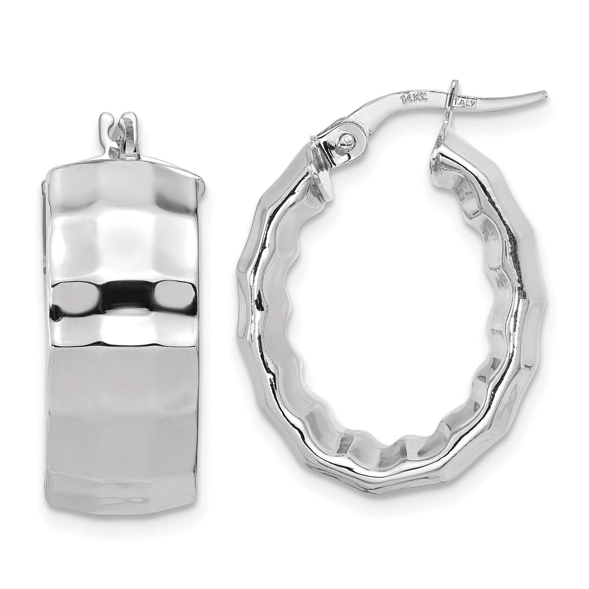 14k White Gold Polished Textured Oval Hoop Earrings Main image