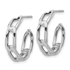 14K w/Wht RH-plating Polished Link Post Hoop Earrings