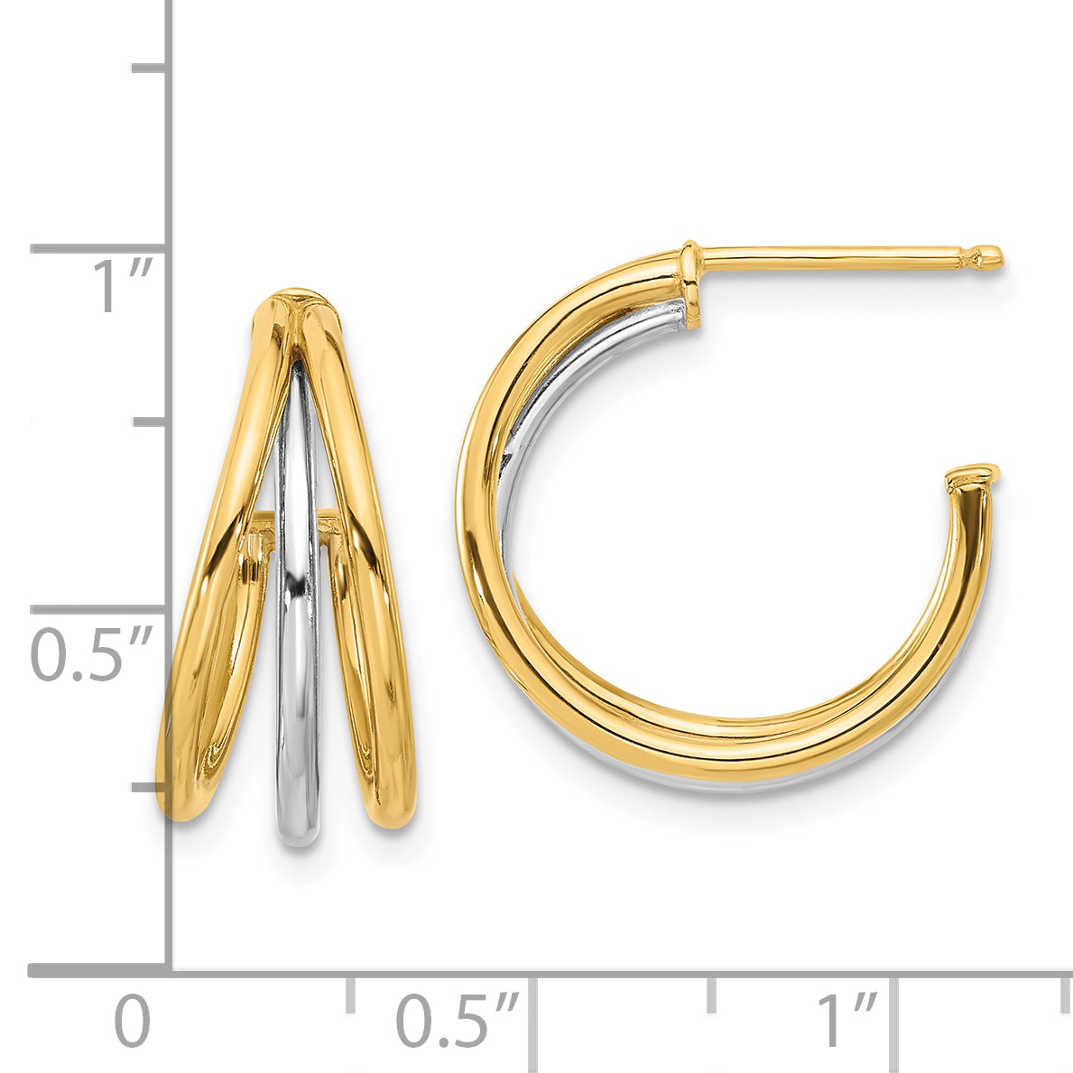 14K with Rhodium Polished Hoop Post Earrings