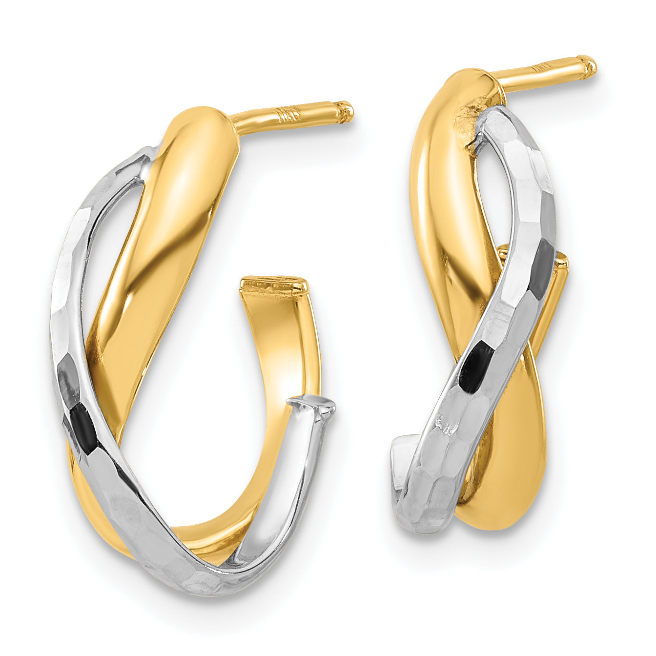 14K w/Rhodium Polished/Diamond-cut J-Hoop Post Earrings