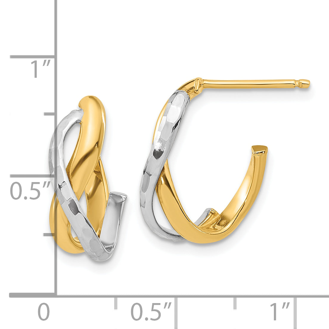 14K w/Rhodium Polished/Diamond-cut J-Hoop Post Earrings