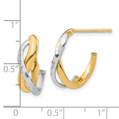 14K w/Rhodium Polished/Diamond-cut J-Hoop Post Earrings