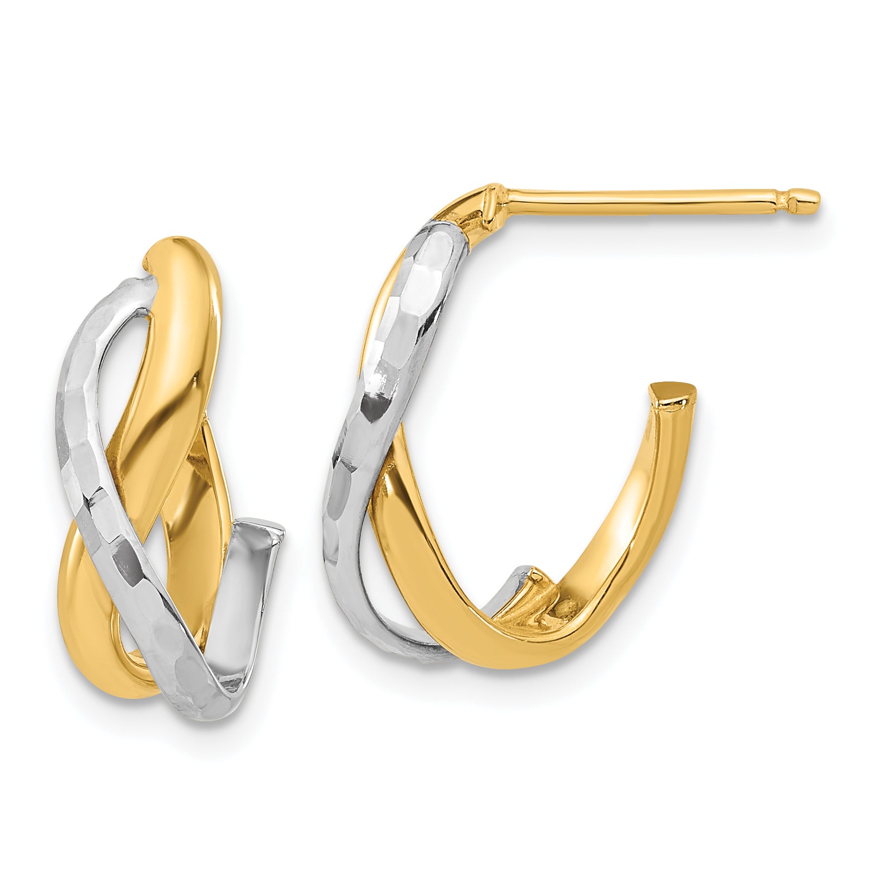 14K w/Rhodium Polished/Diamond-cut J-Hoop Post Earrings Main image