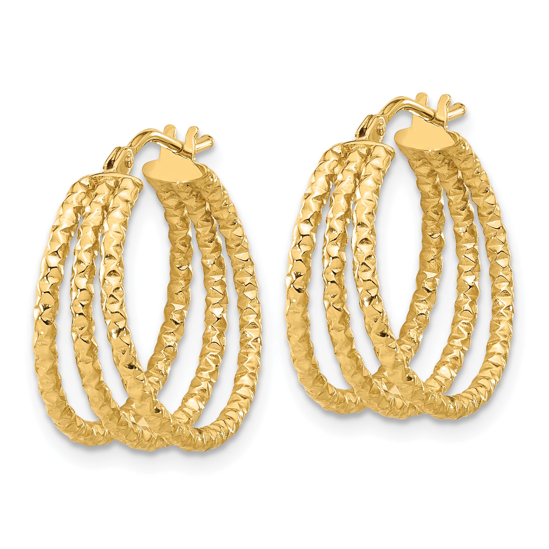 14K Polished and Textured Three Row Hoop Post Earrings Secondary image