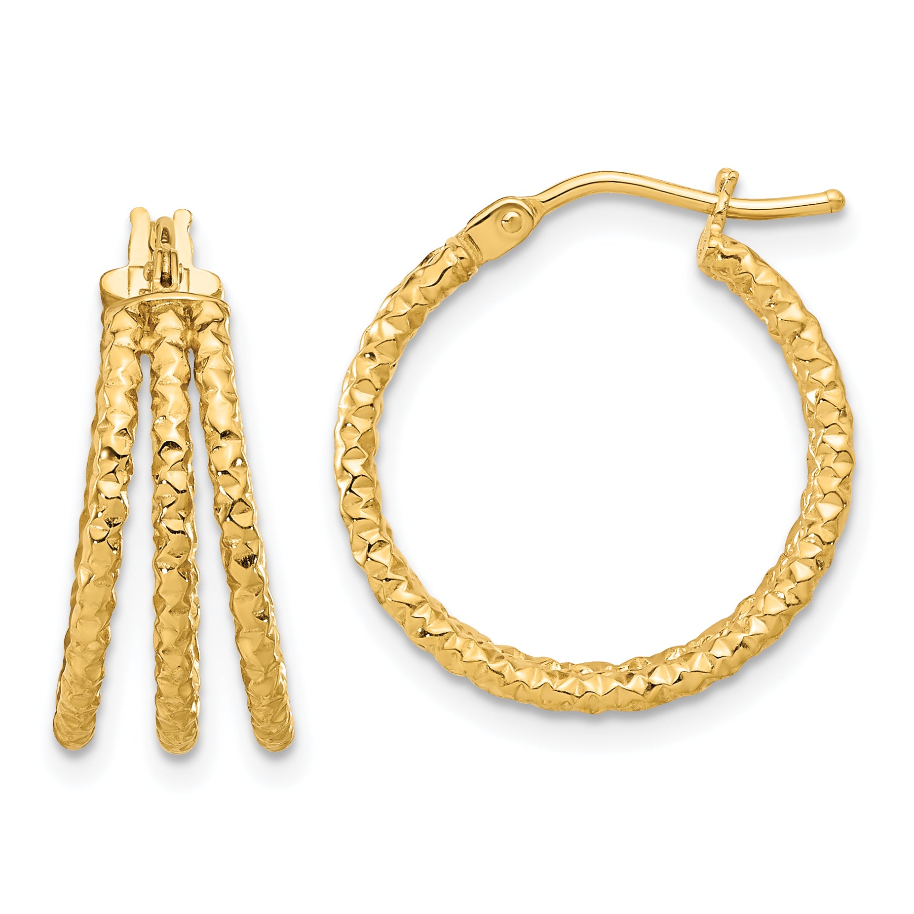 14K Polished and Textured Three Row Hoop Post Earrings Main image
