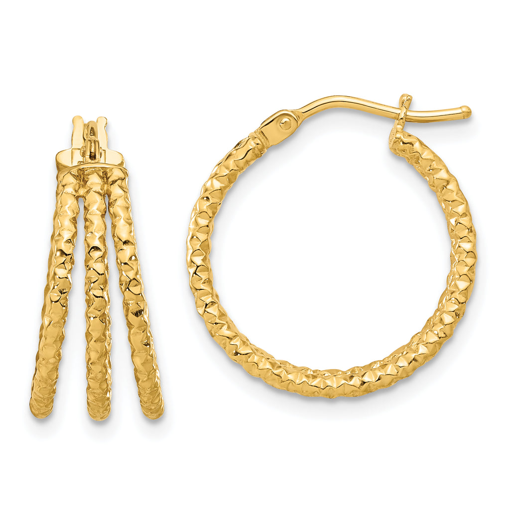 14K Polished and Textured Three Row Hoop Post Earrings