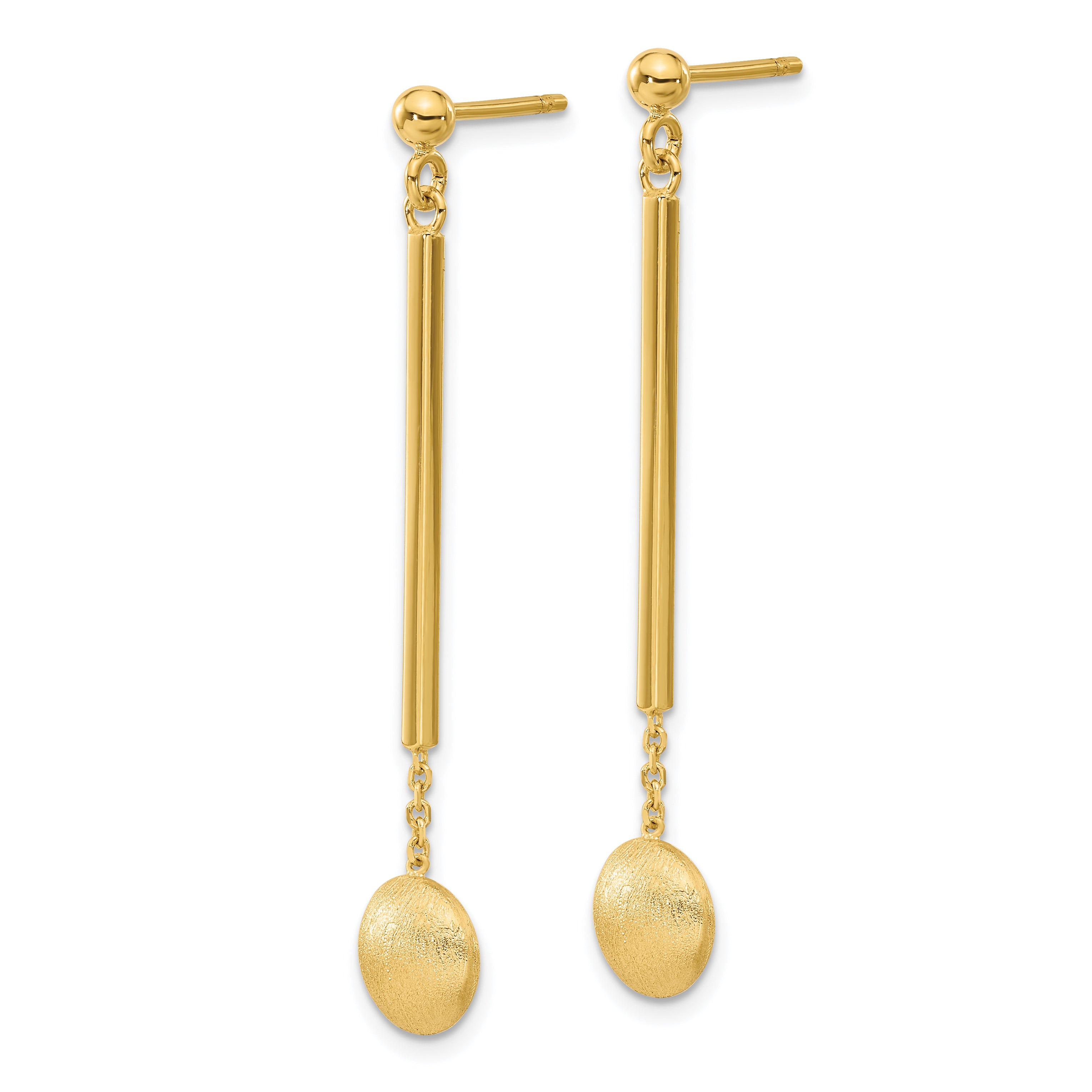 14K Polished Bar with Brushed Bead Dangle Post Earrings