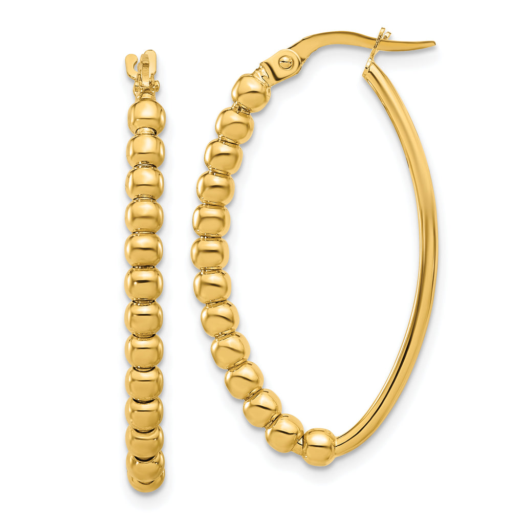 14K Polished Beaded Oval Hoop Earrings