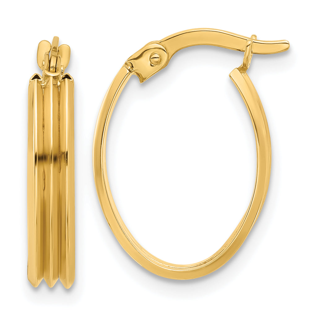 14K Polished and Grooved Oval Hoop Earrings