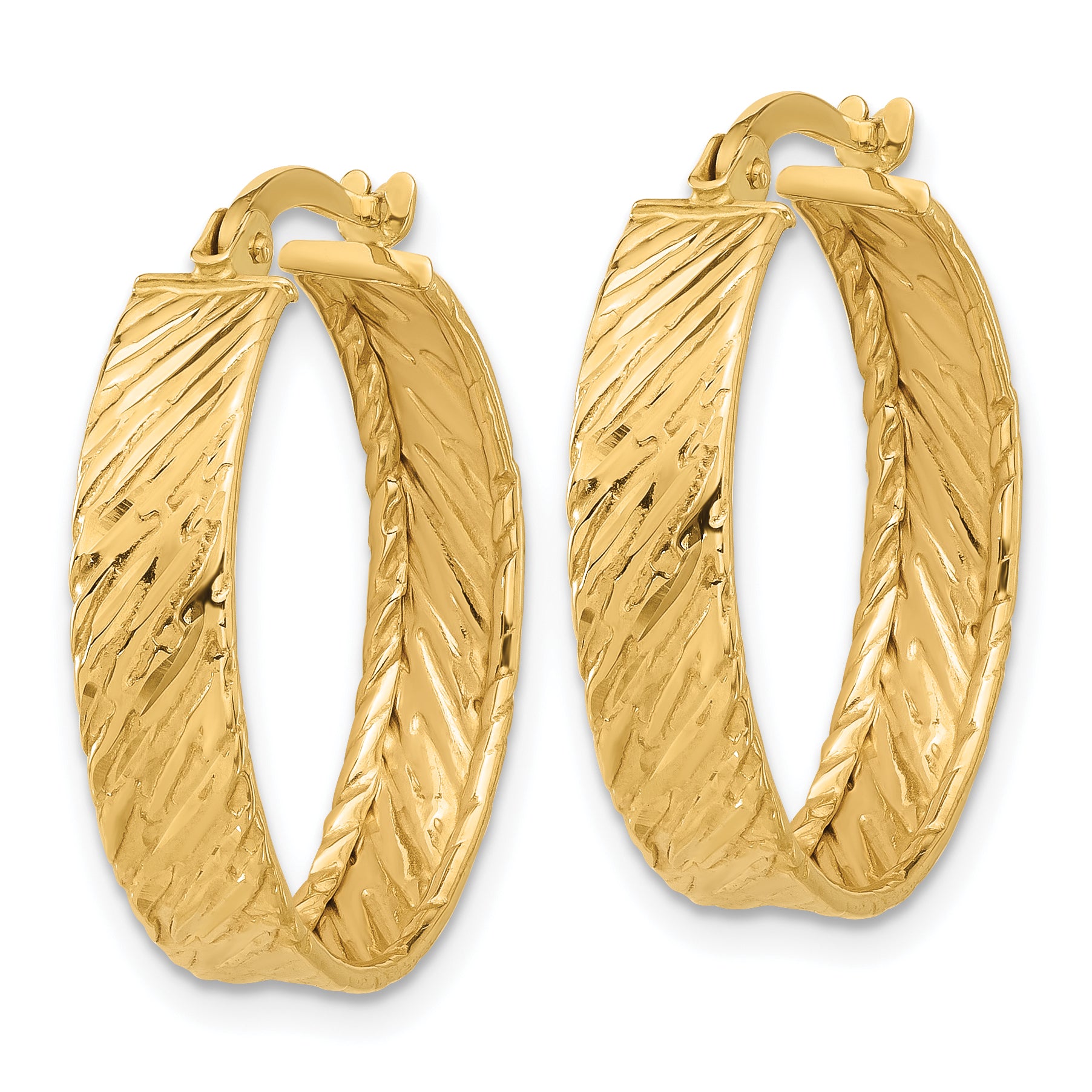 14K Polished and Textured Round Hoop Earrings Secondary image