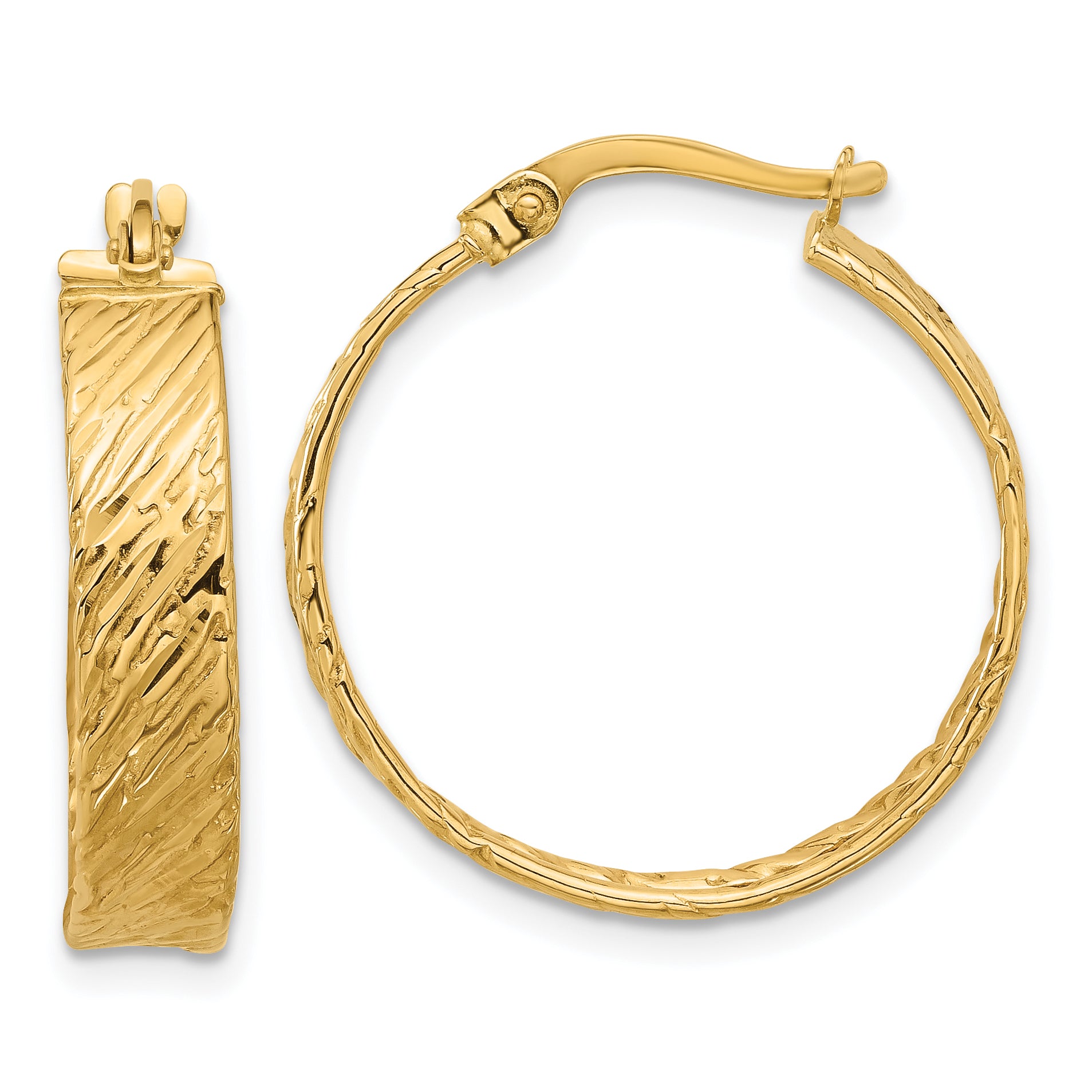 14K Polished and Textured Round Hoop Earrings Main image