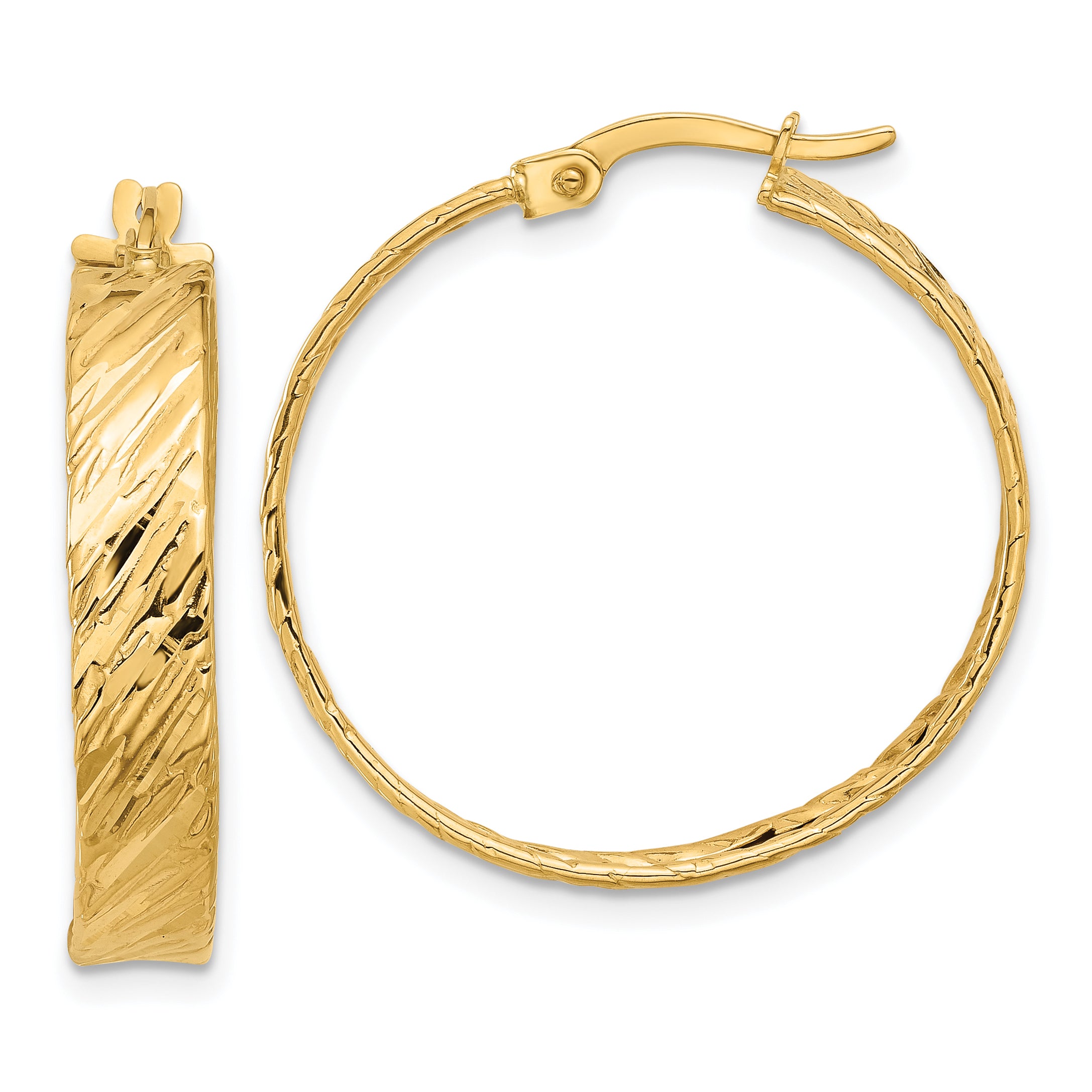 14K Polished and Textured Round Hoop Earrings Main image