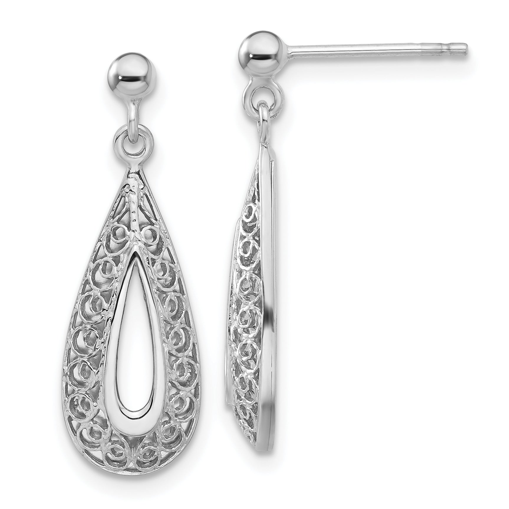 14K White Gold Filigree Teardrop Post Dangle Earrings Main image