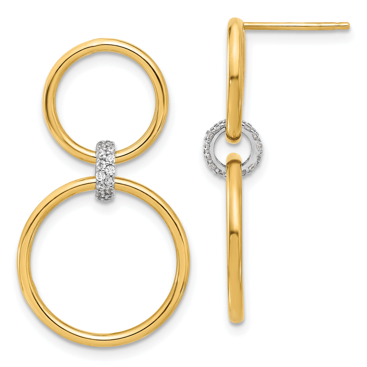 14K Two-tone Polished CZ Circles Dangle Post Earrings