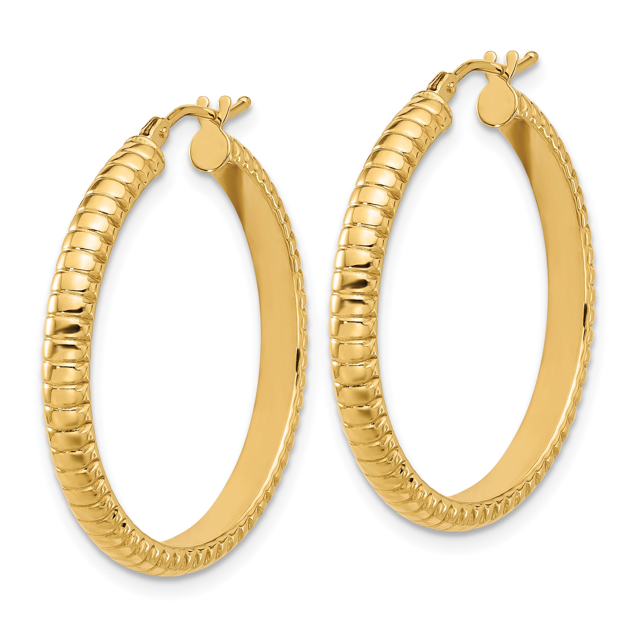 14K Polished and Textured Round Hoop Earrings Secondary image