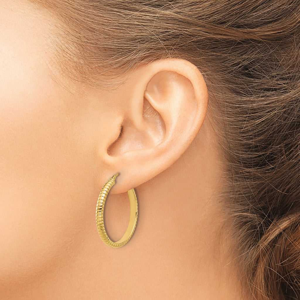 14K Polished and Textured Round Hoop Earrings