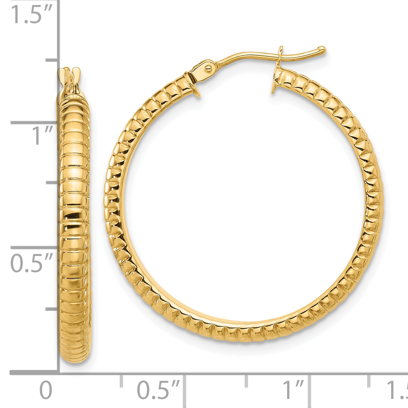 14K Polished and Textured Round Hoop Earrings