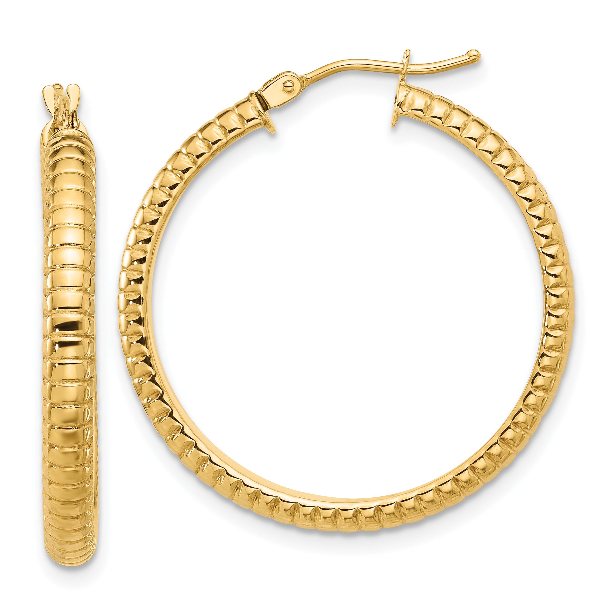 14K Polished and Textured Round Hoop Earrings Main image