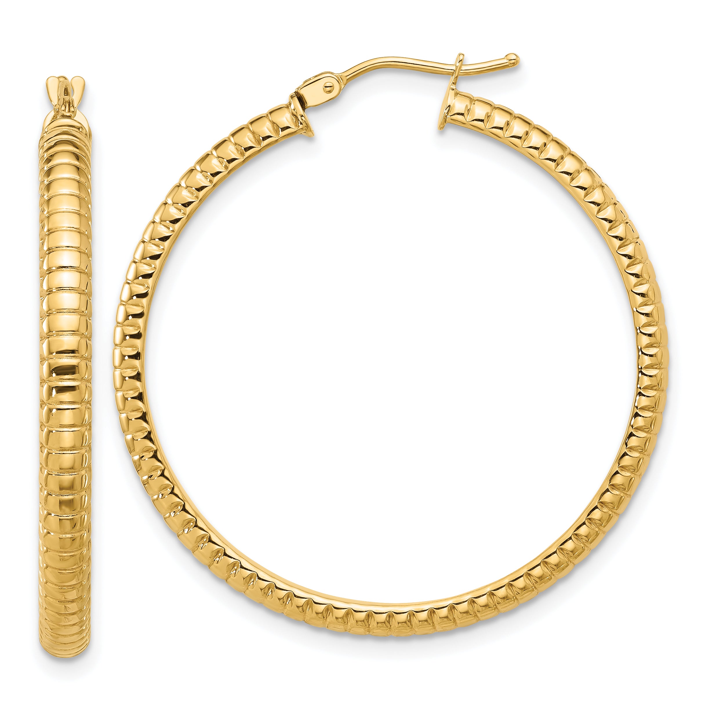 14K Polished and Textured Round Hoop Earrings Main image