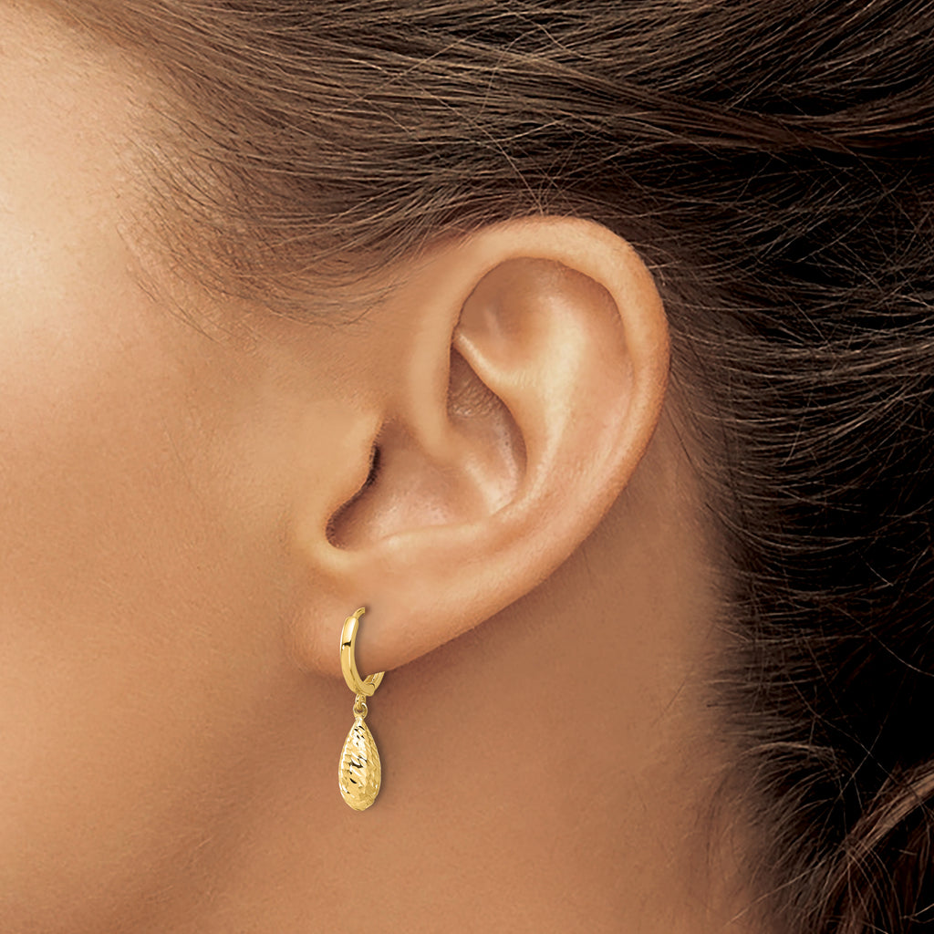 14K Polished and Diamond-cut Dangle Hoop Earrings