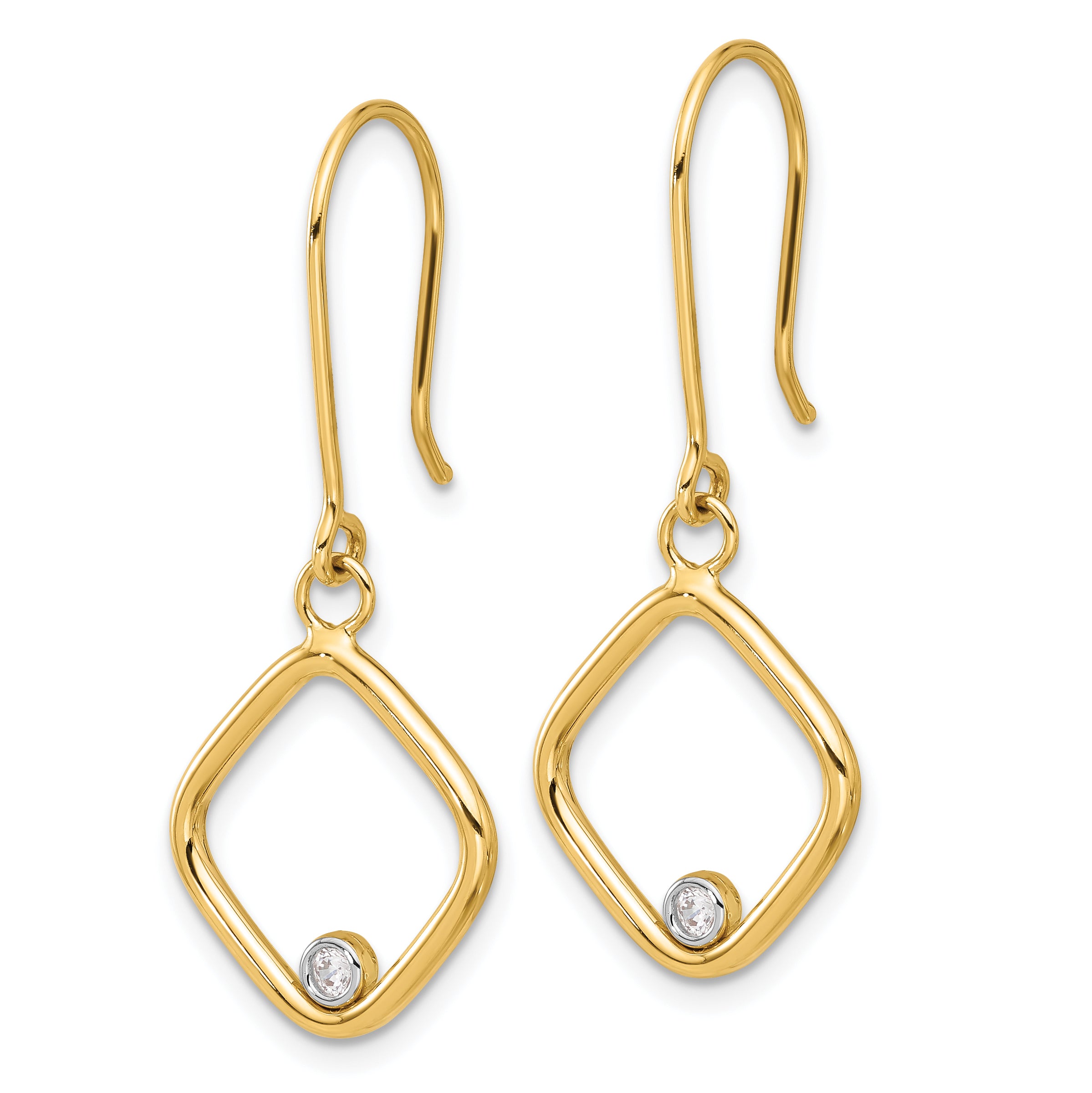 14K with Rhodium Polished CZ Square Dangle Earrings