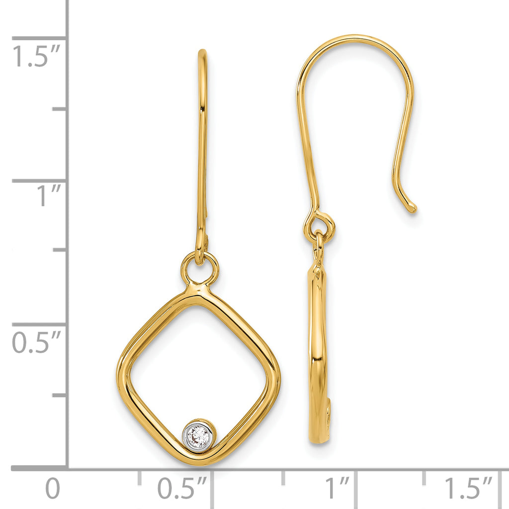 14K with Rhodium Polished CZ Square Dangle Earrings