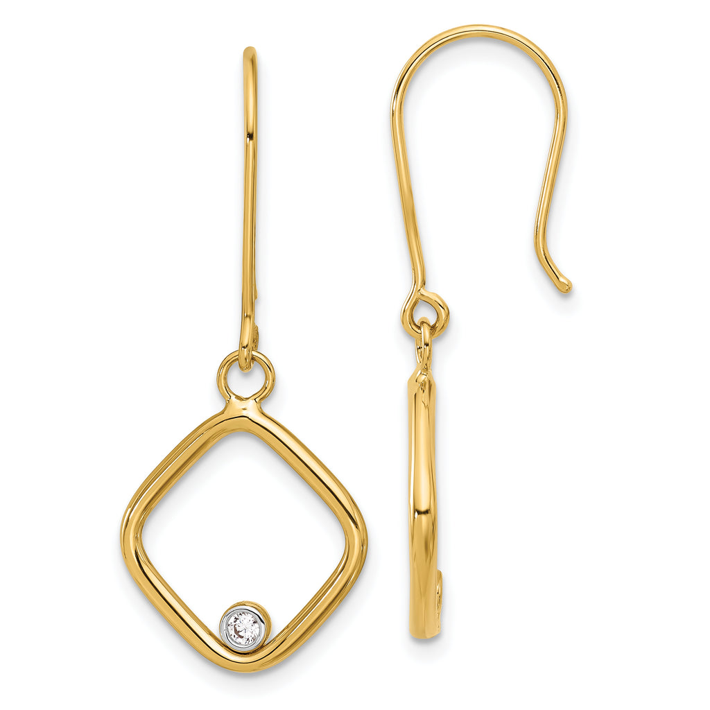 14K with Rhodium Polished CZ Square Dangle Earrings