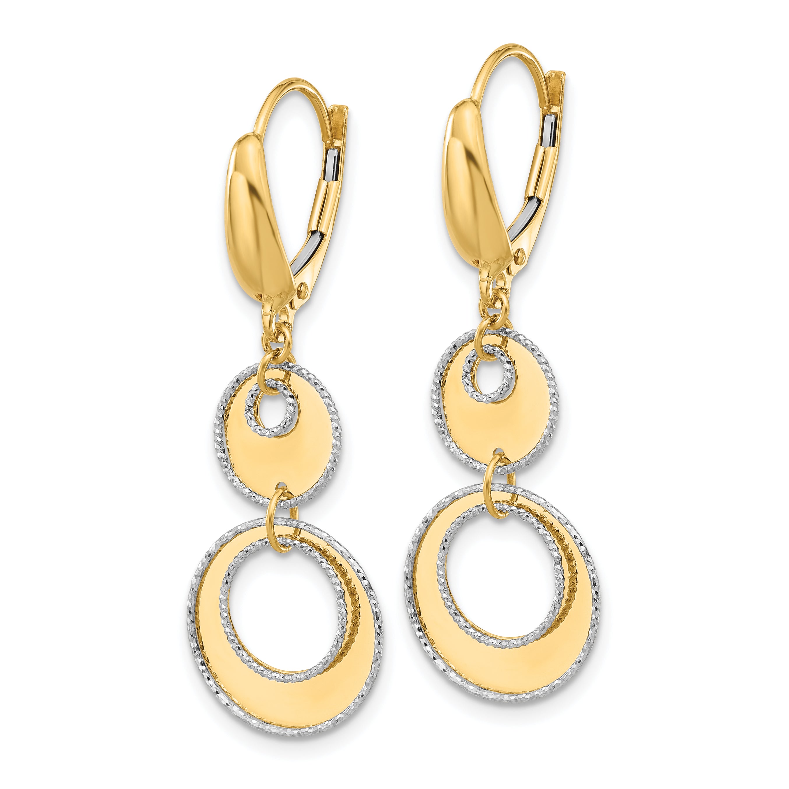 14K Two-tone Polished and Dia-cut Circles Dangle Leverback Earring