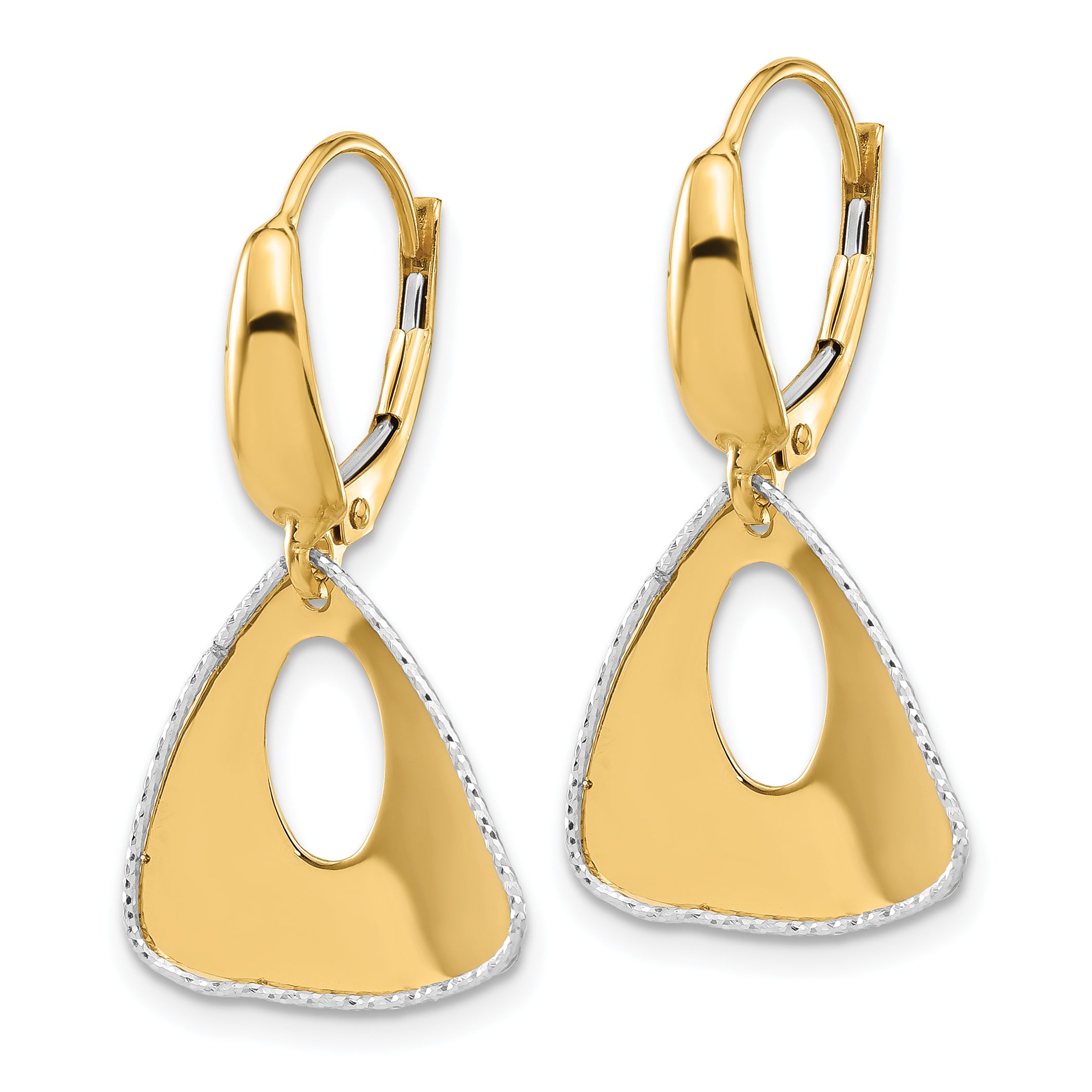 14K Two-tone Pol and Dia-cut Triangle Dangle Leverback Earrings
